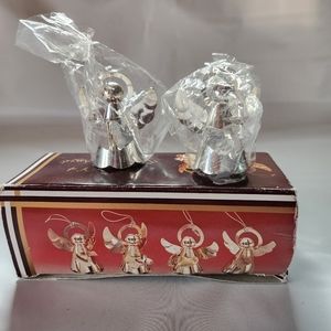Angel Christmas Ornament Set Of 2 Silver Tone Metal Figurines 2.5”